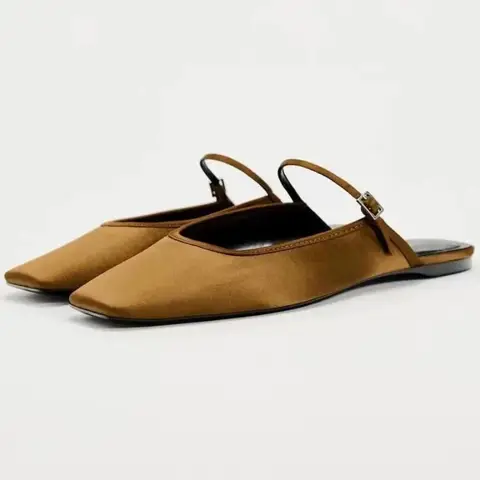 2025 여성을위한 여름 뮬 신발 럭셔리 Slik 패션 솔리드 스퀘어 발가락 캐주얼 레이디 플랫 샌들 새로운 디자인 슬링 백 신발