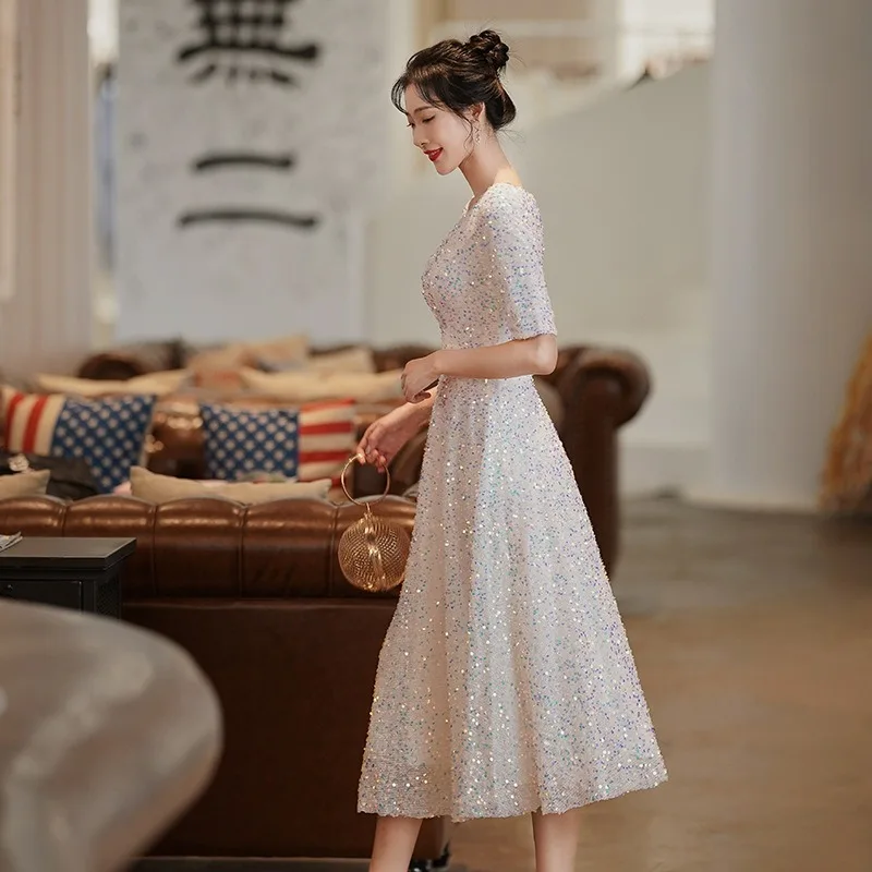 

White Evening Dress 2025 New Socialite Temperament Birthday Party Dress Sequined Round Neck Formal Dress Women Elegant Fashion