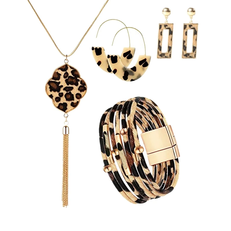 4-Piece Set Leopard Jewelry Set Bracelet Bohemian Leopard Print Earring Necklace Female Girl Acrylic Earring Bracelet Necklace 4