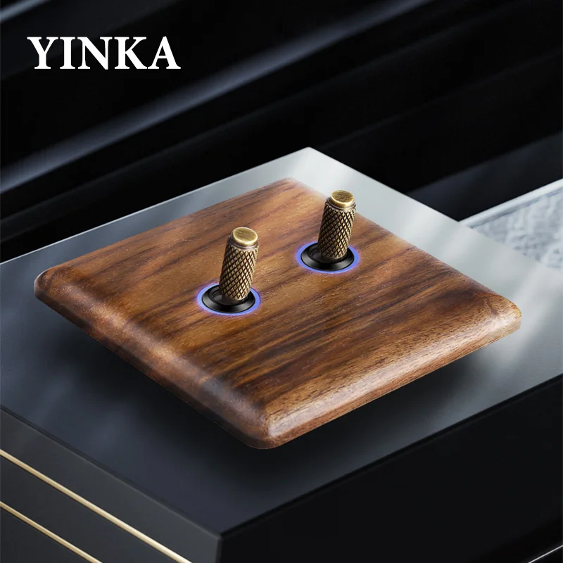 YINKA Walnut Wood Retro classical Toggle Light Switch Panel Home Retro LED Indicator EU FR UK Universal Electrical Socket Vintag