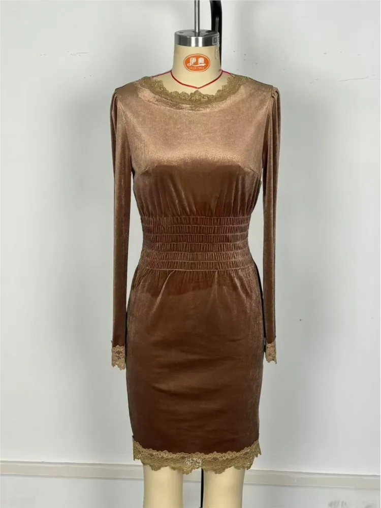 

New Women's O Neck Lace Patchwork Slim Dresses Spring Autumn Long Sleeve Solid Elastic Waist Simple Party Holiday Dress Vestido