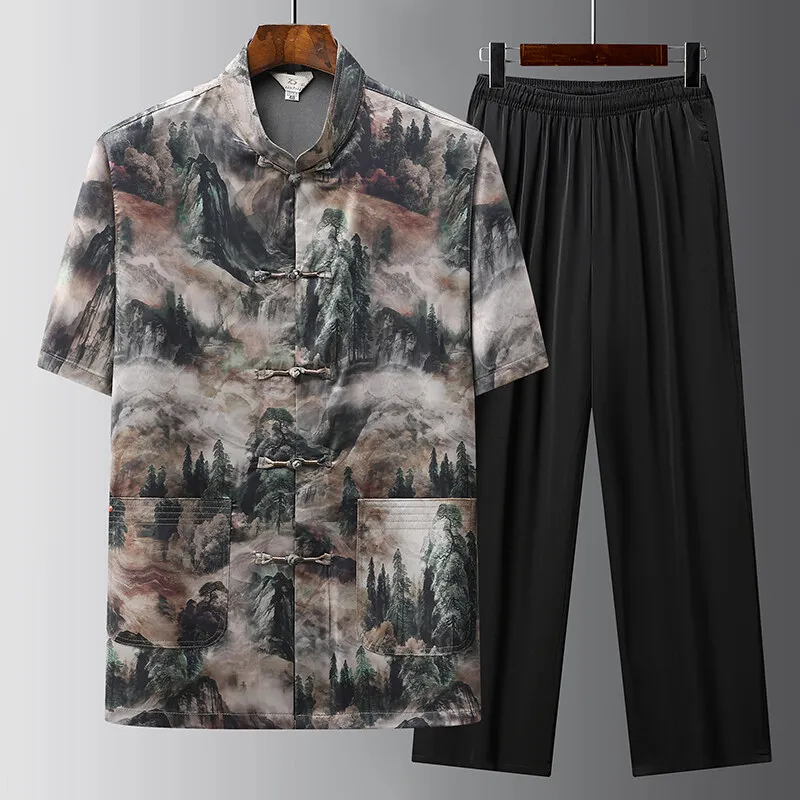 

Лето 2029, мужские повседневные комплекты, рубашки в китайском стиле + брюки, хлопково-льняная спортивная одежда, мужская модная рубашка с короткими рукавами, комплекты брюк