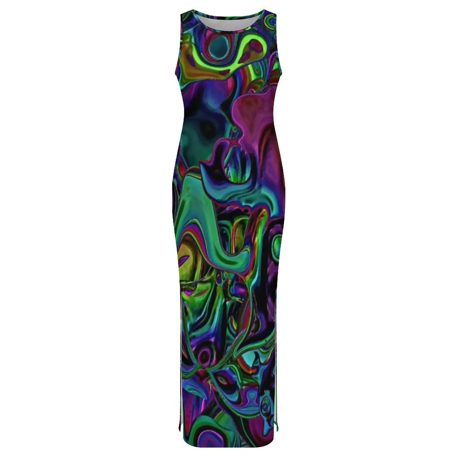 Abito aderente liquido colorato Abito estivo con design astratto in marmo Abiti maxi casual Abito da strada dal design senza maniche da donna