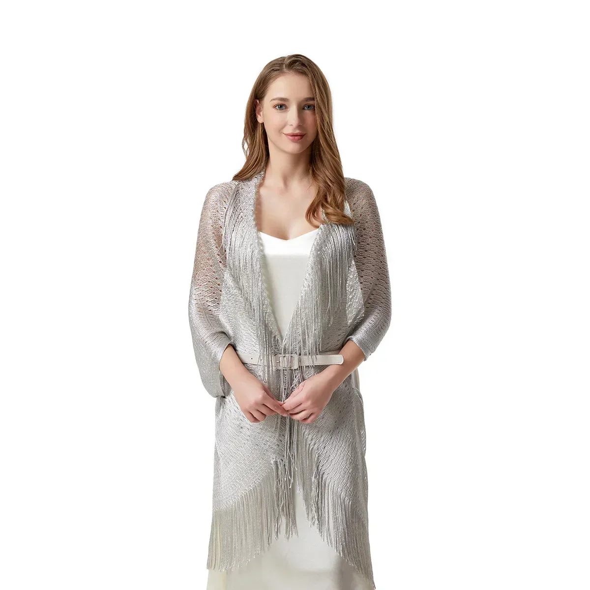 4가지 색상 숄 수영복 비키니 커버업 여성용 속이 비치는 프린지 가디건 밝은 실크 케이프 수영복 커버업 (2025)