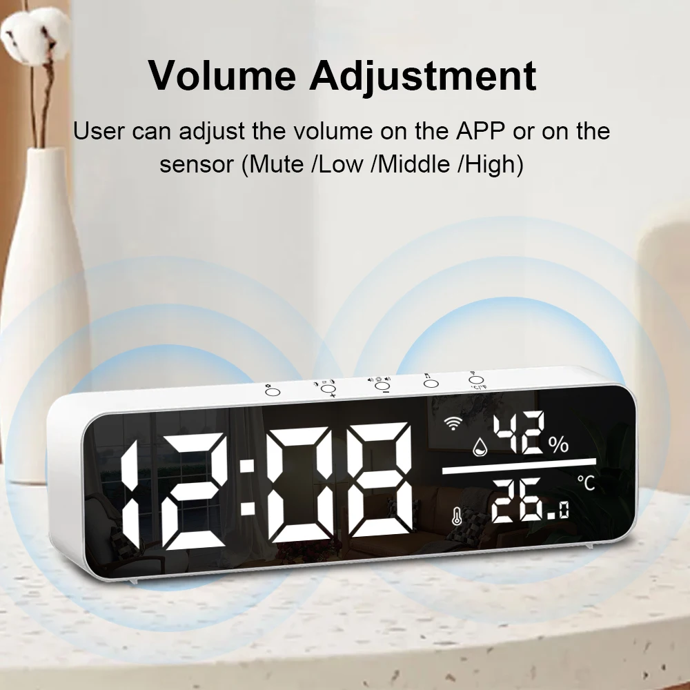 Tuya WiFi LED Wecker Unterstützung Temperatur Feuchtigkeit Sensor Zeit Display USB Desktop Spiegel Uhren für Wohnzimmer Dekoration – Detail 9