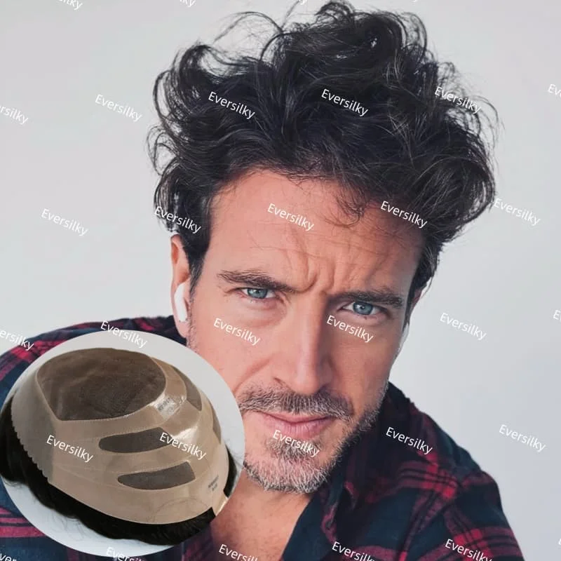 

Black gray brown white blonde #1#1b80#7#60R#22R Men Natural Hairline Wig Soft Fine mono&pu around bond men wig 100% human hair