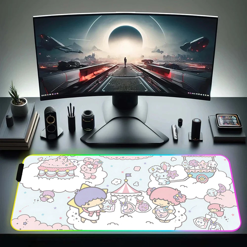 Cartoon Cute LittleTwinStars RGB Pc Gamer Keyboard Mouse Pad Mousepad LED Glowing Mouse Mats Rubber Gaming Computer Mausepad