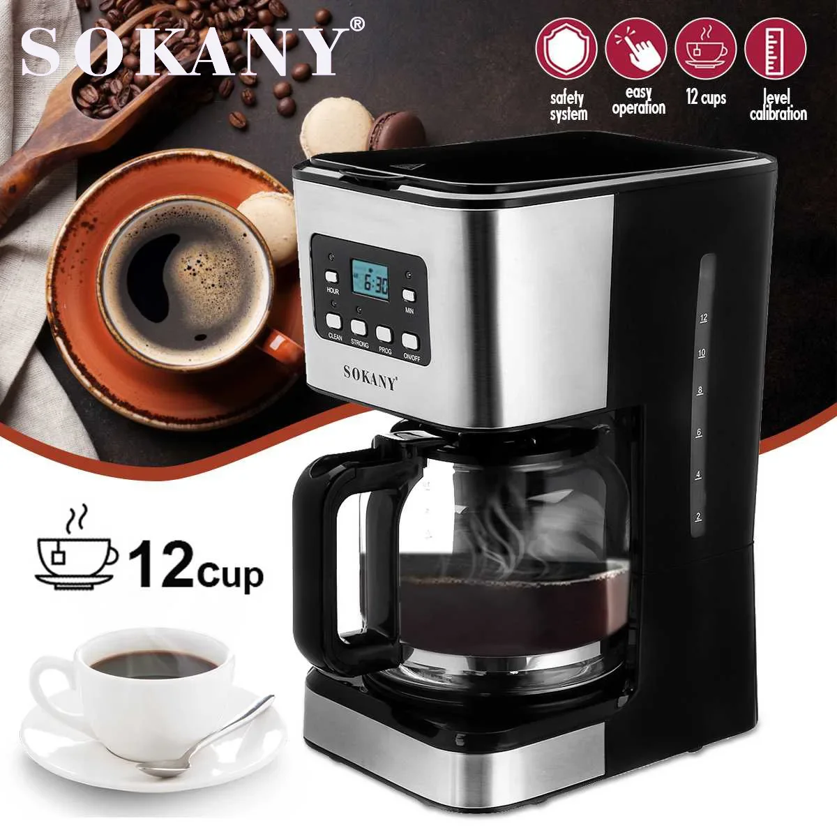 SK 950W Electric Coffee Machine Household Coffee Pot American Drip Semi-Automatic Steam Coffee Machine Brewing Tea Coffee Maker