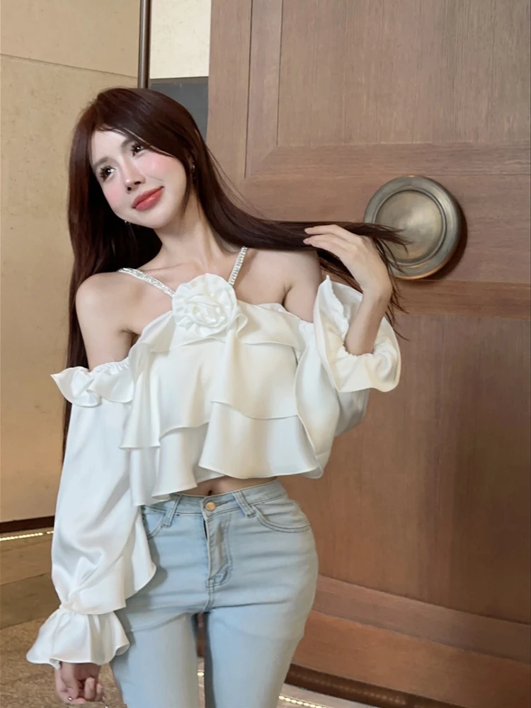 Summer Women Sweet Halter Collar Blouse Elegant Off Shoulder Flower Ruffles Crop Tops Female Fashion Beach Holiday Sexy Clothing