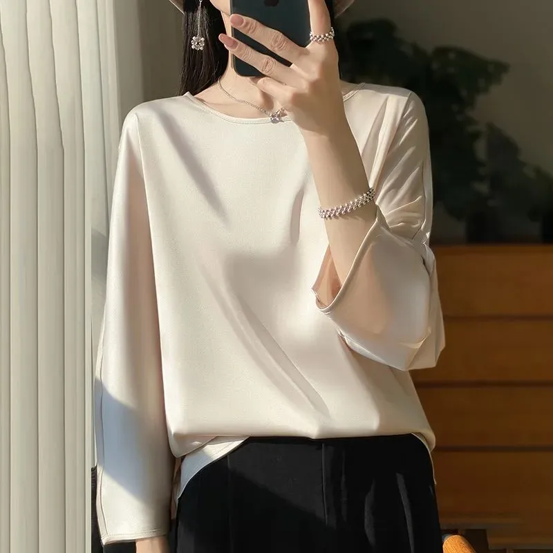 Women Round Neck Silk Seven Sleeve Top Soft Mulberry Silk Elegant Basic Blouse For Daily Wear