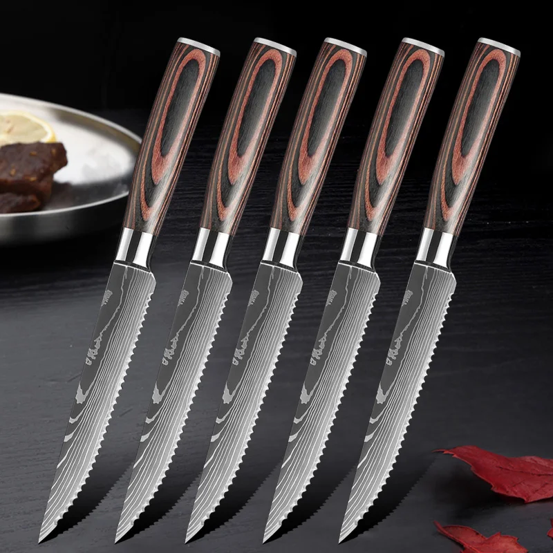 Damascus Steak Knife Set Meat Cleaver Stainless Steel Sharp Serrated Dinner Knives Beef Fruit Cutting Bread Knife Cooking Tools