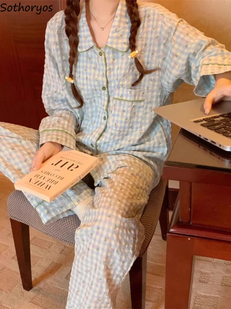 Plaid Pajamas for Women Sweet Casual Long Sleeve Sleepwear Loose Home Tender Soft Ulzzang Schoolgirls All-match Loungewear Daily