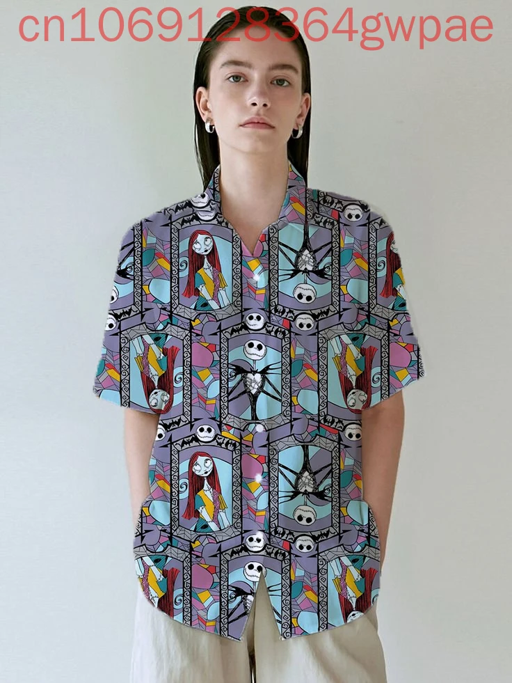 

Disney Jack Skellington Women's Casual Short Sleeve Blouses Shirt Holiday Beach Hawaiian Shirt 3D Womens Elegant Hawaii Shirt