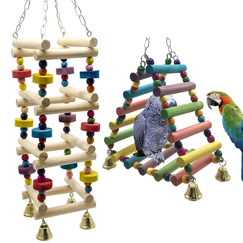 

Wooden Parrot Hanging Rainbow Hammock training Ladder Toys With Bells Bird Cage Pet Accessories For Large Small Birds