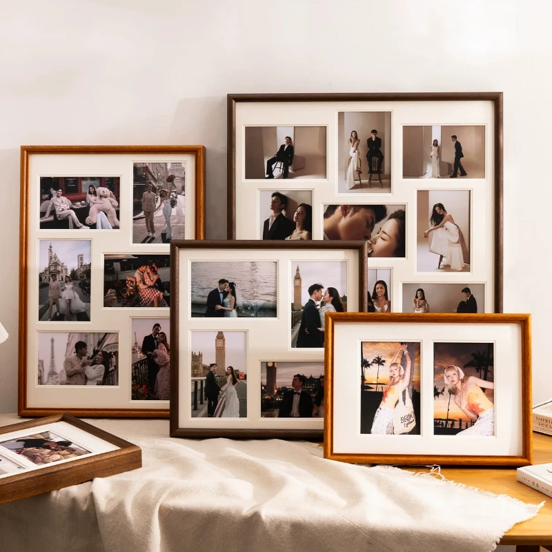 Solid Wood Multi-Grid Picture Frames Wedding Photo Collage for Tabletop Premium Couple Portrait Display Living Room Photo Array
