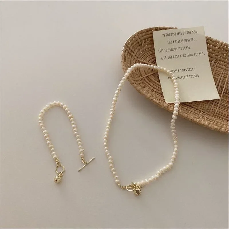 Minar Korean Vintage Natural Freshwater Pearl Chokers Necklaces for Women Gold Color Copper Toggle Clasp Circle Necklace Jewelry