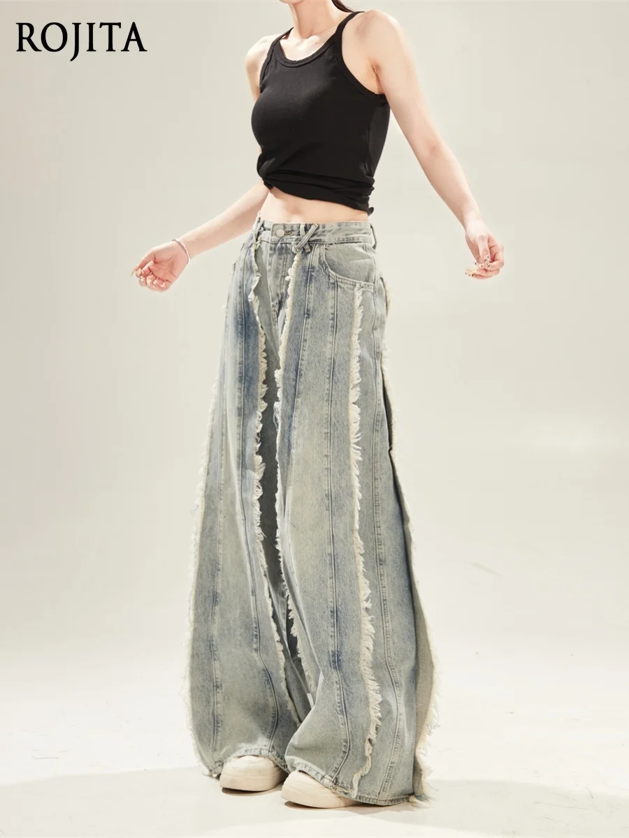 

Street Style Rough Splicing Straight Loose Mopping Jeans Women's Japanese High Street Blue Wide Leg Pants Tide Pants