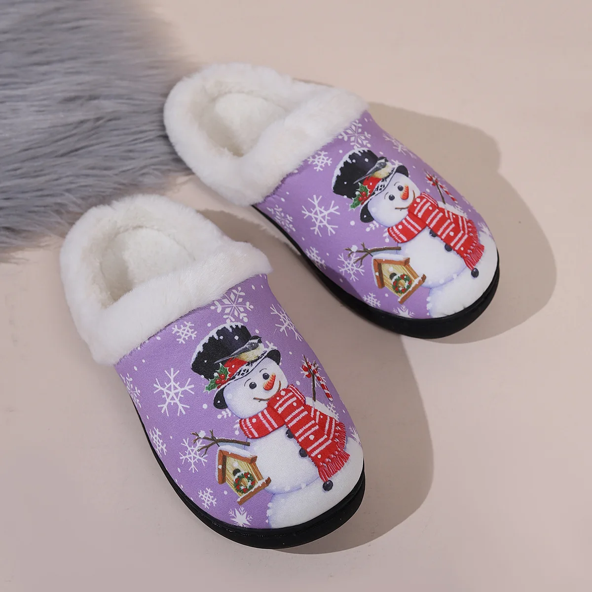 Winter Christmas Home Slippers Cute Cartoon Snowman Print Warm Plush Indoor Shoes Non Slip women Cozy Furry Indoor Soft Flats