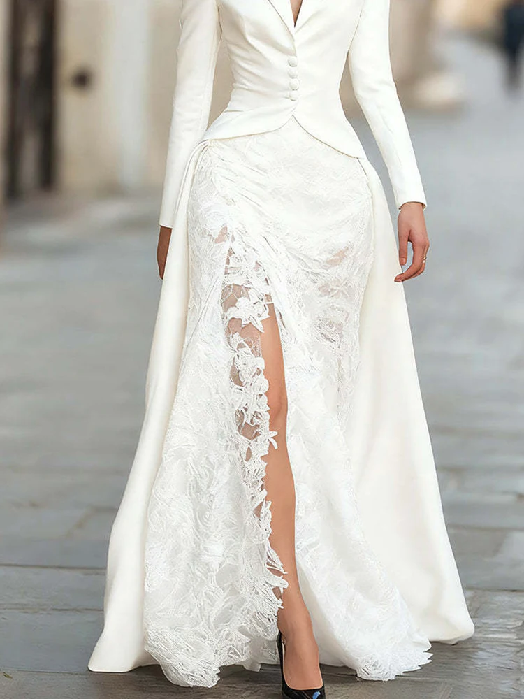 

Luxury Elegant Solid Color Pleated Banquet Dress V-neck Hollow Out Dress Set Temperament Long Sleeve Lace Spliced Evening Dress