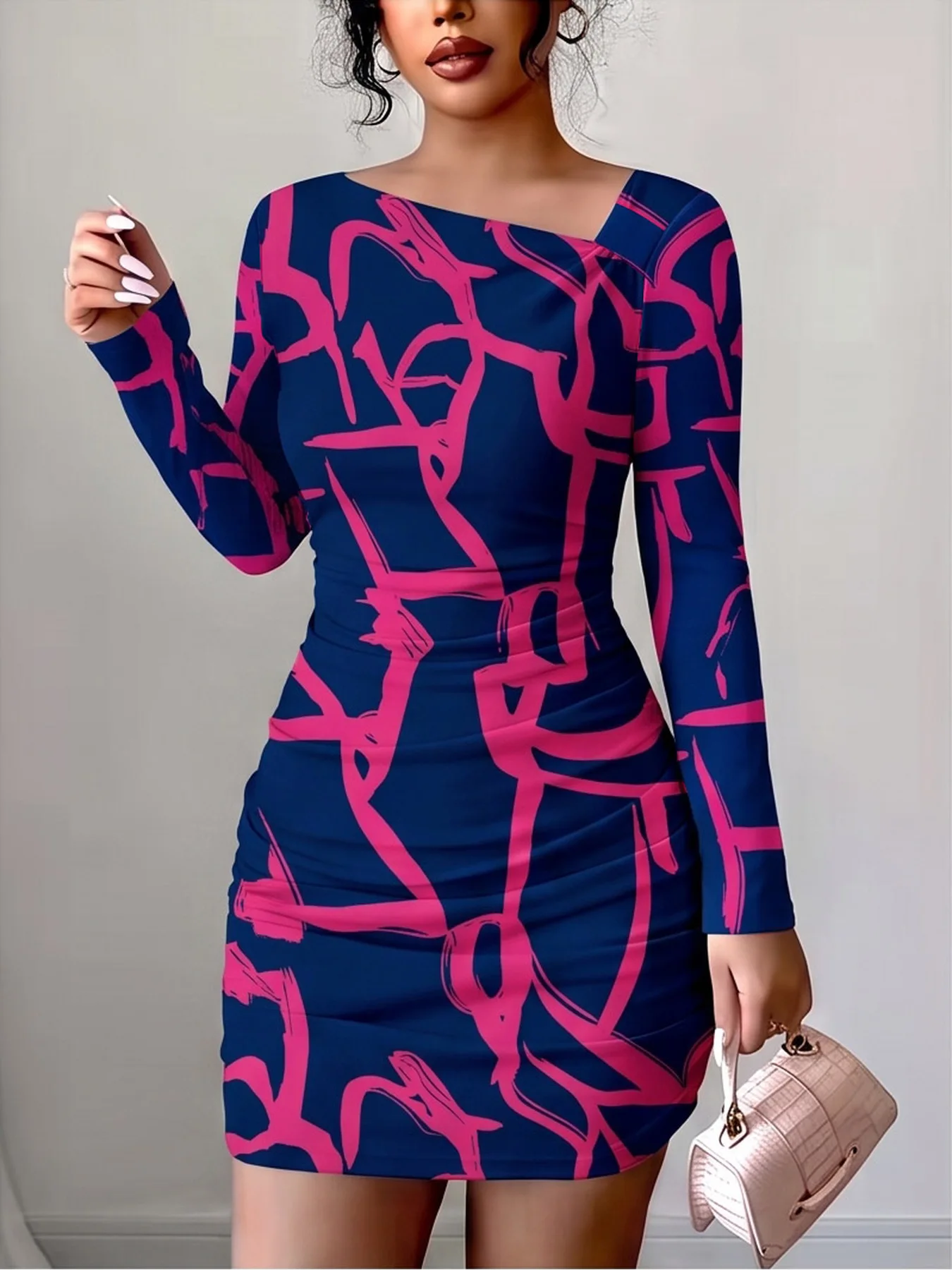 Women's Geometric Pattern Long Sleeve Dress Autumn Casual Elegant Comfortable Mini Skirt Length Slanted Collar