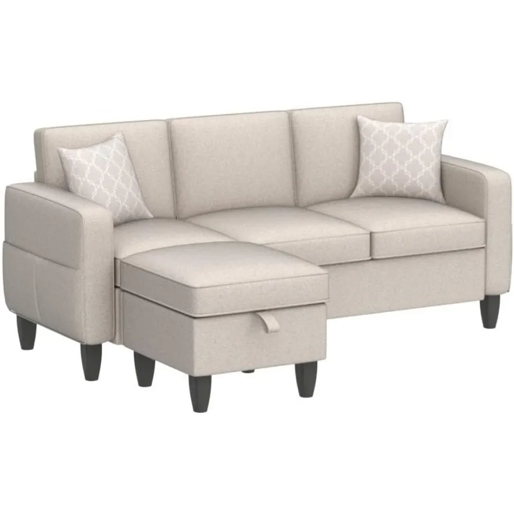 Modular sofa in beige linen 3-seater L-shaped modular sofa furniture with storage reversible ottoman