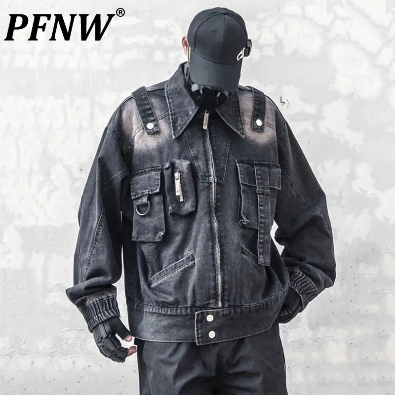 

PFNW Functional Design Men's Denim Coats Three-dimensional Pockets Zipper Webbing Turn-down Collar Male Jackets Trendy 12C926