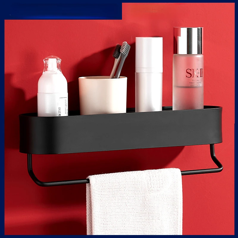 Shower Caddy Black Bathroom Shelves Wall Mounted with Towel Rack Spice Rack for Wall Space Aluminum for Kitchen Toile