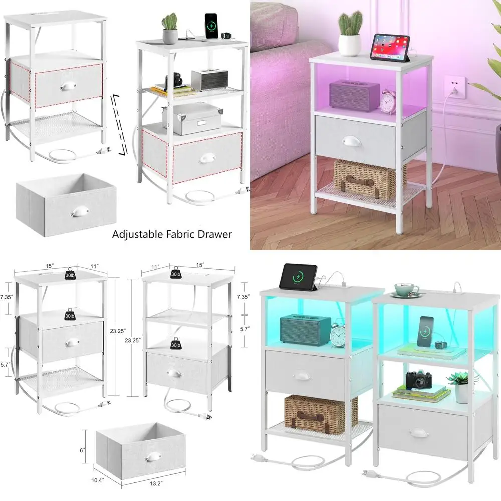 

Комплект из 2-х прикроватных тумбочек со светодиодной подсветкой, зарядной станцией, тканевыми ящиками, местом для хранения и открытыми полками, белый цвет