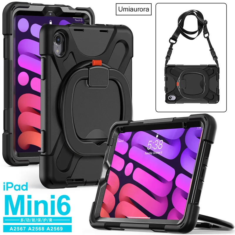 For Apple IPad Mini6 Mini 6th Gen 8.3 inch 2021 Tablet Case 360 Rotation Hand Ring Shoulder Strap Kids Stand Shockproof Cover