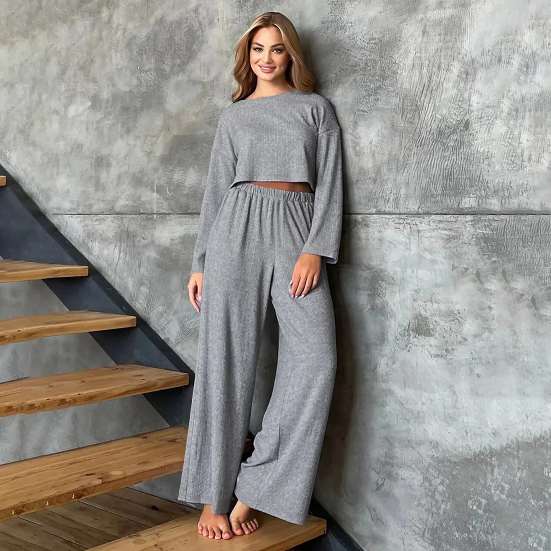 

Gray Round Neck Long-sleeved Top + Trousers 2-piece Suit 2025 Spring And Autumn Wheat Ear Jacquard Home Clothes Women's Pajamas