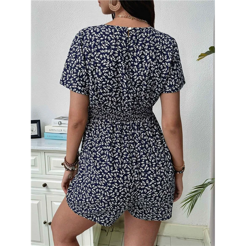 Mono de manga corta con cuello en V, ropa de maternidad estampada informal para tomar fotografías Azul oscuro M-A55G