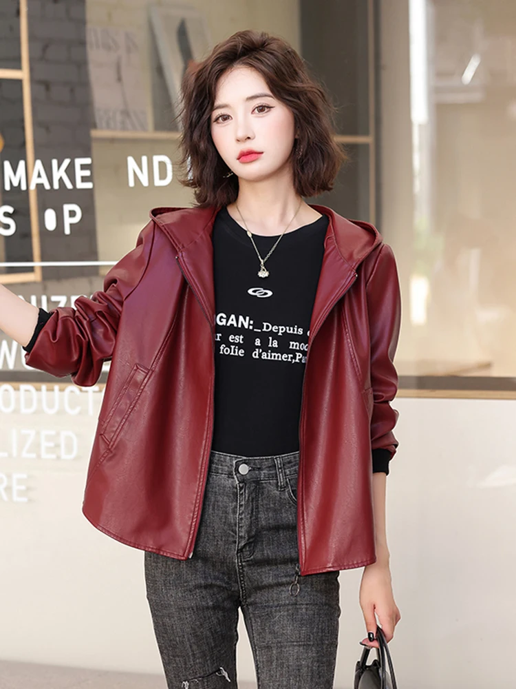   Ning 本革ジャケット女性の ort sle 2025 新作春秋カジュアルフード付きシープスキンコートルーズアウター