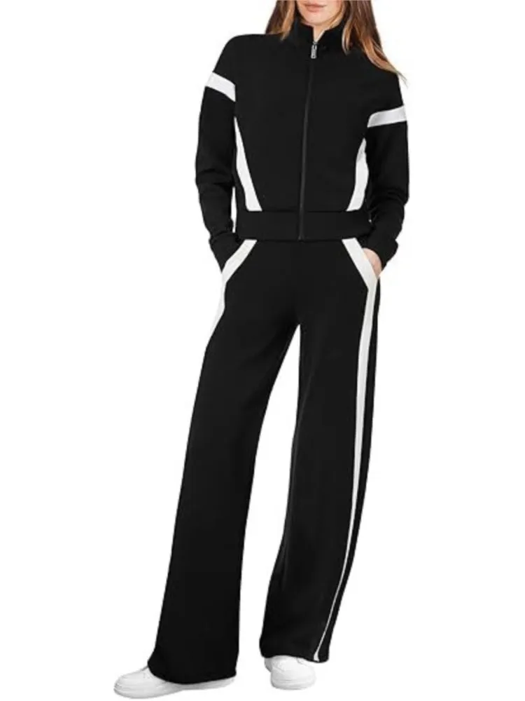 Terno esportivo casual feminino moda listrado emenda manga comprida moletom calças compridas conjunto de duas peças outono inverno senhoras outfit