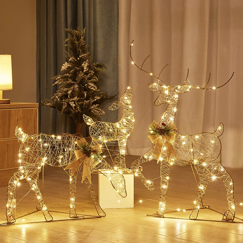 3 PCS Garden Lights String 2D Metal Iron Reindeer Outdoor Christmas Eve Decorations For Courtyard Holiday Indoor Home Decor