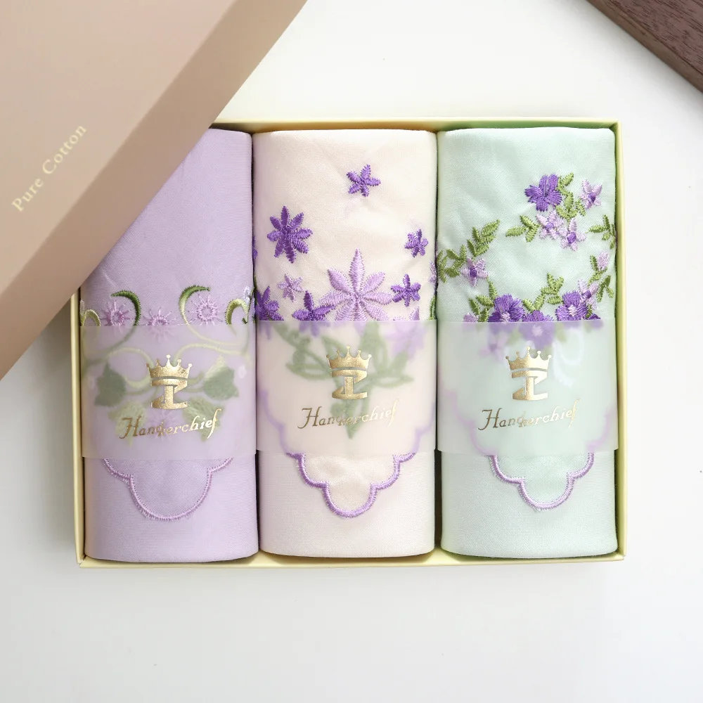 Confezione regalo squisita Fazzoletto da donna Asciugamano quadrato con fiori ricamati in puro cotone per ragazze Matrimonio floreale sottile antico