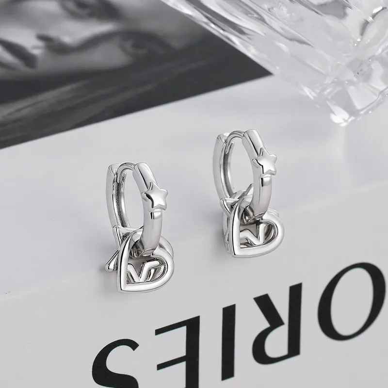 

925 Sterling Silver Geometric Hollow Pentagram Heart Pendant Hoop Earring for Women Fine Jewelry High Luxury Vintage Accessories