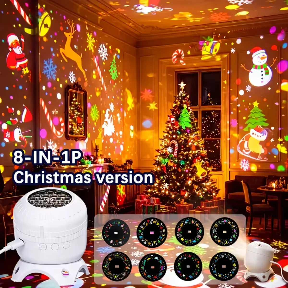 LED Christmas HD Projector USB Powered 8 Patterns 360° Rotating Dynamic Projector Night Light for Bedroom Holiday Party Decor
