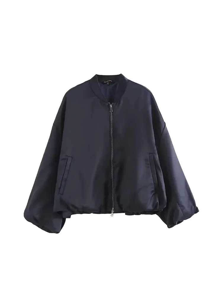 TRAF Spring Fashion Women Loose Bomber Jacket Two Way Zippers Long Sleeve Casual Coat Vintage Female Oversize Top