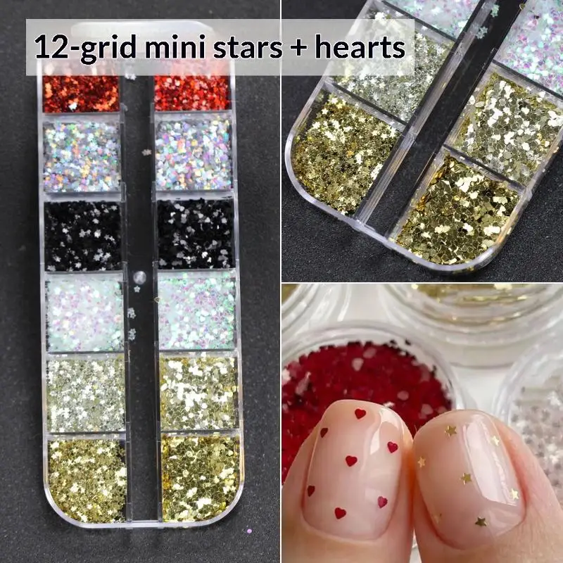 12 Grids Mini Mixed Star Heart Nail Art Glitter Sequins Sparkling Nail Sequins 3D Glitter Holographic Laser Nail Art Charms DIY