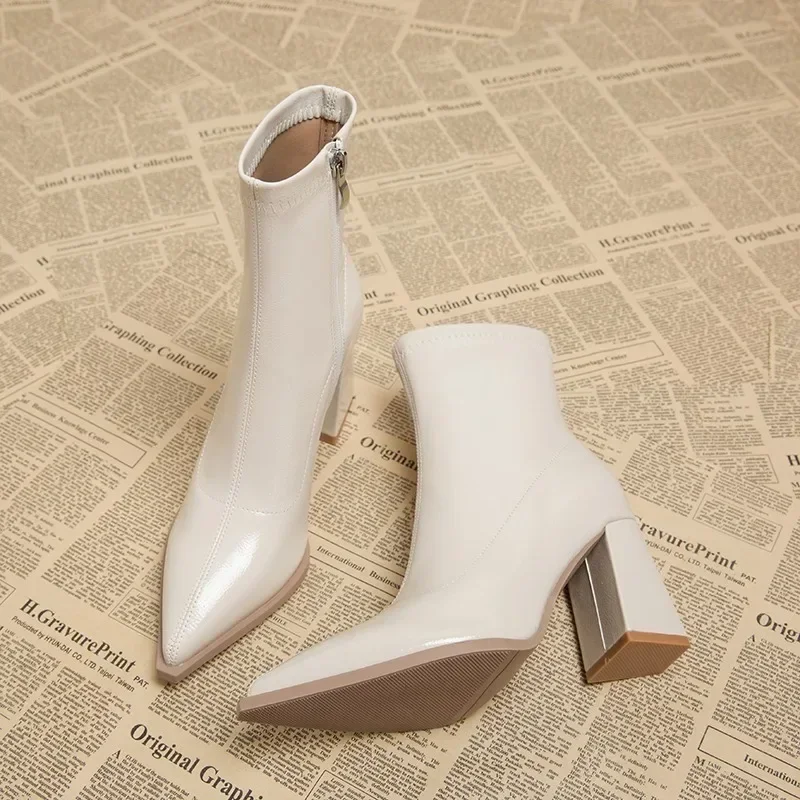 Autumn Womnen\'s High Heel Ankle Boots New Winter Plus Velvet Pointed Toe Chunky Heel Chelsea Boots for Women Heeled Shoes Dress