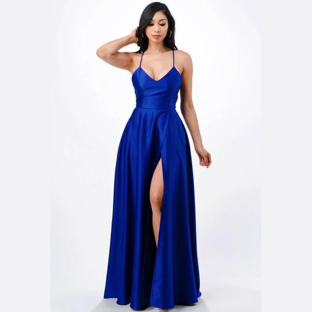 

Simple Solid Satin Spaghetti Straps Bridesmaid Dresses Modest V-neck Backless High Slit Sexy Prom Dress Wedding Guest Party Gown