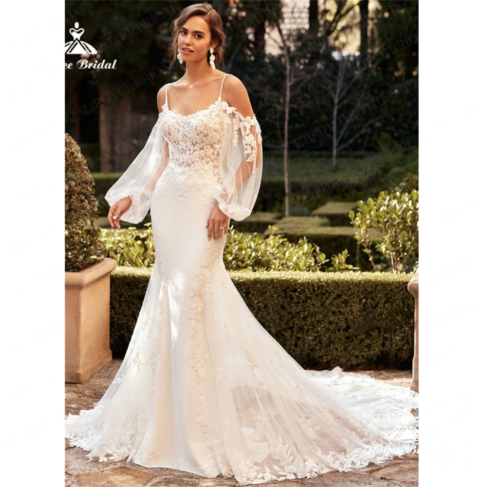 Roycebridal-فستان زفاف حورية البحر برقبة قارب ، فستان دانتيل ، فستان محكمة ،