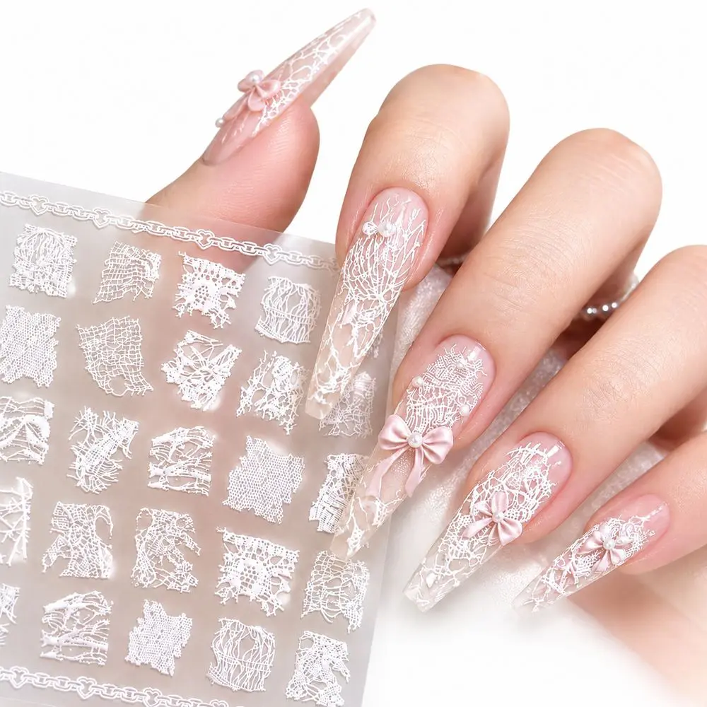 1Pc Premium 5D White Lace Nail Stickers High Quality Embossed Nail Decals Self-Adhesive Realistic Lace Effect for Nail Art DIY