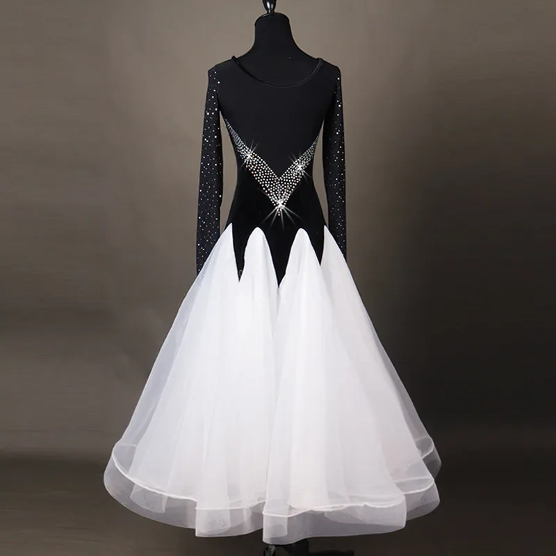 Round neck long sleeve ballroom dance dress with curved scattered rhinestones,color‑contrast pointed full skirt,suitable for dan