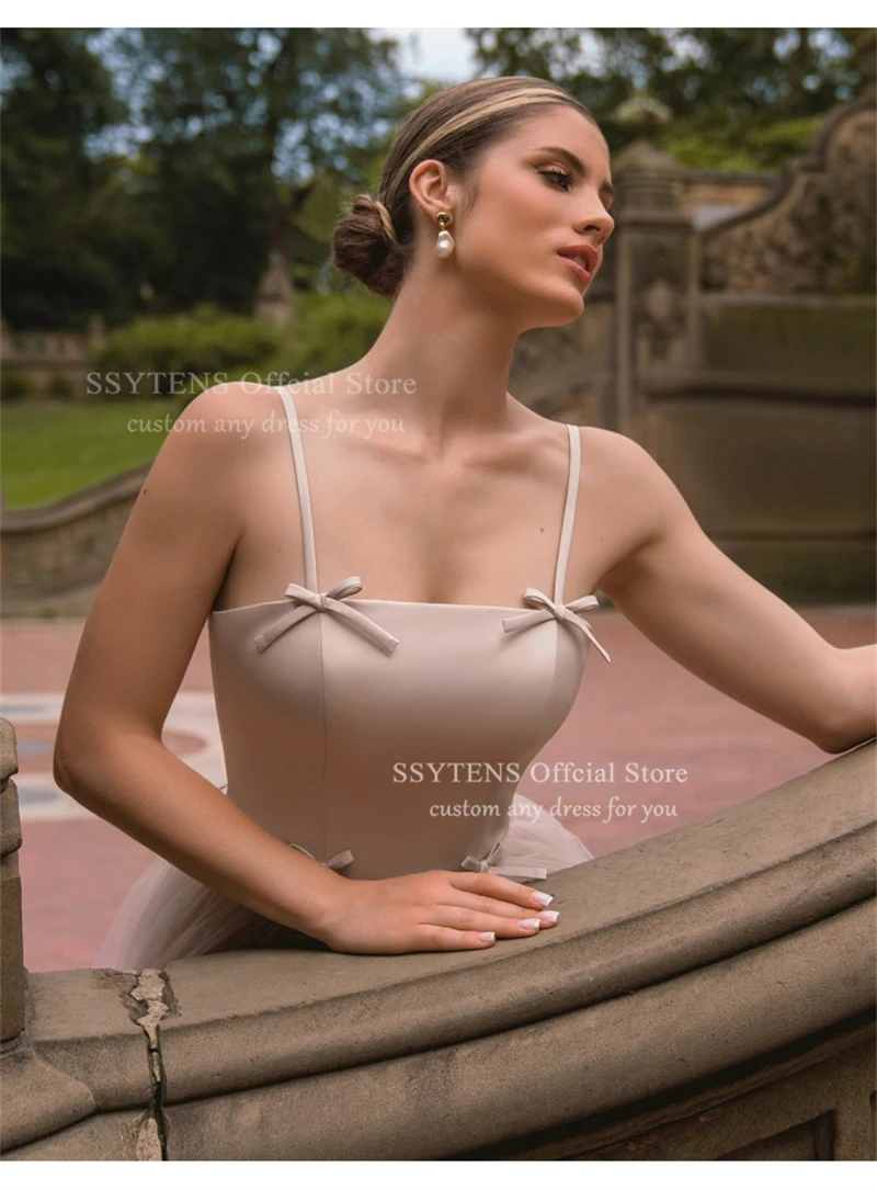 SSYTENS 여성을위한 우아한 얇은 명주 그물 이브닝 드레스 웨딩 파티 드레스 스파게티 스트랩 바닥 길이 긴 신부 가운 맞춤형