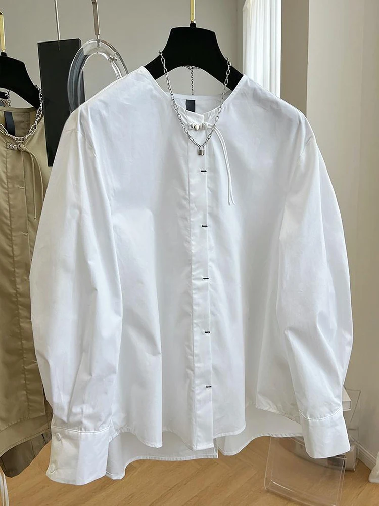 White Blouses Women Round Neck Shirts Long Sleeve Elegant Shirt New Chinese Style Loose Blouse Tops 2024