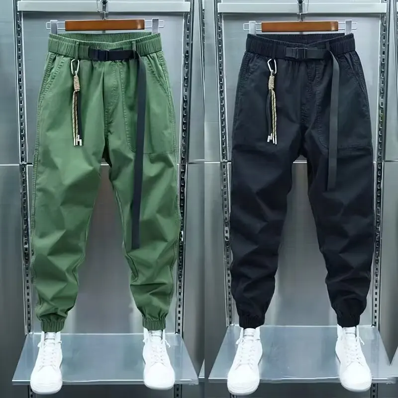 

Autumn Men's Black Cargo Pants Korean High Street Sports Trousers 9-Minute Green Sweatpants Fashionable Men's Clothing 2025 New