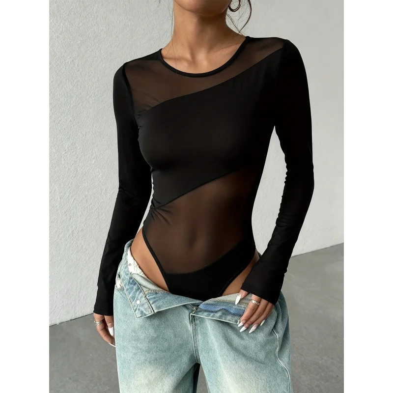 Sexy Sheer Mesh & Solid Black Long Sleeve Bodysuit - Round Neck Semi-Sheer Panel Stretchy One-Piece Jumpsuit