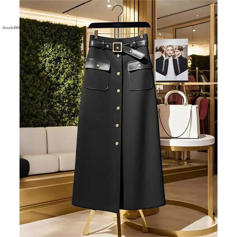 Elegant Women's Party Jupe Office Lady Single Breasted Midi Faldas with Belt Autumn Vintage Leather Patchwork Skirt