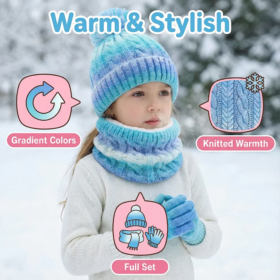 3pc3-12Y solid color, fleece and thickened children's, boys' and girls' hats, scarves and gloves set